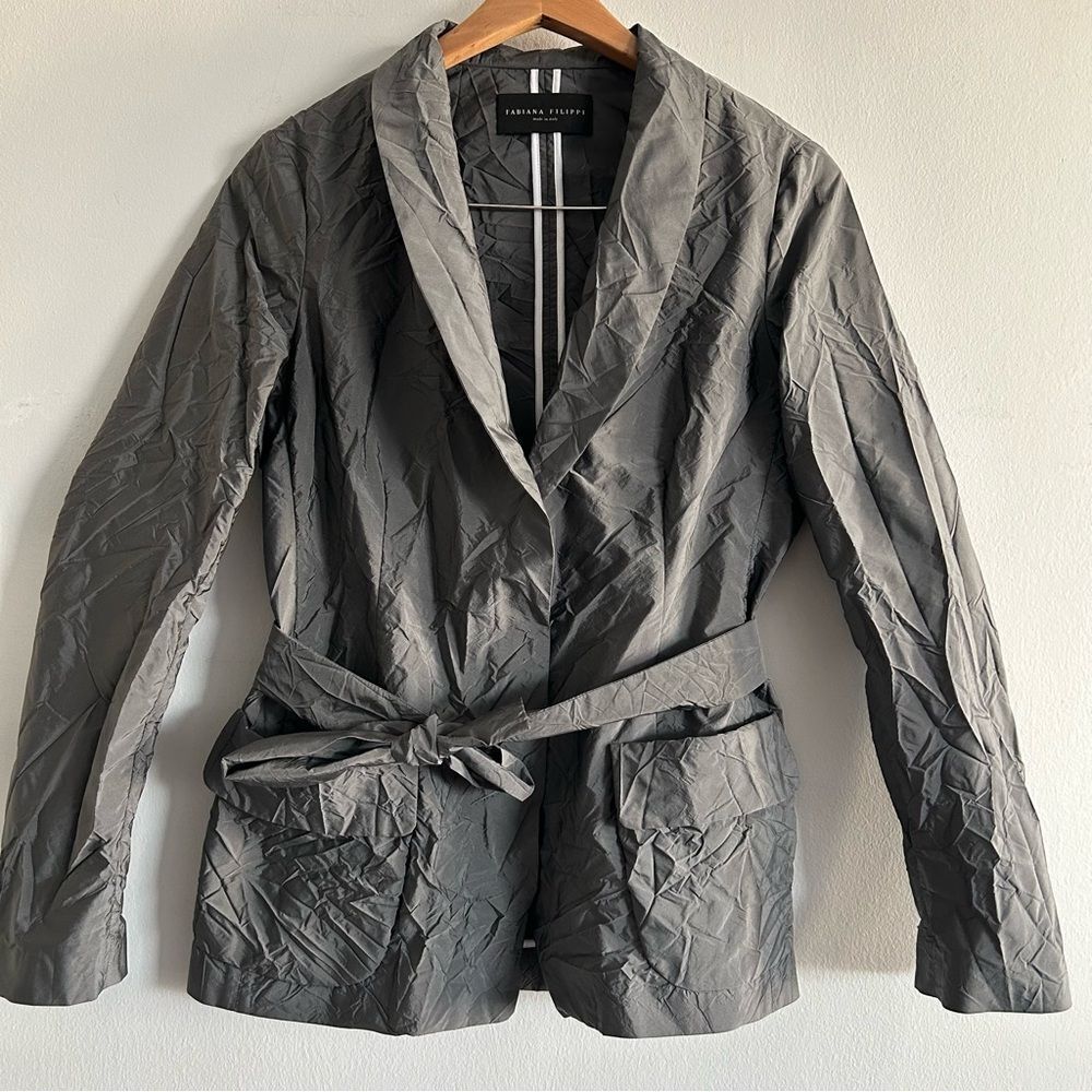 Fabiana Filippi Crinkled Grey Belted Single breasted Single Button Blazer